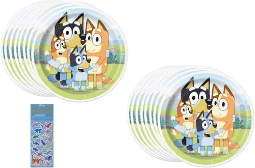 El paquete de suministros para fiesta de cumpleaños Bluey incluye platos de papel para el almuerzo, 16 unidades y 1 hoja de calcomanías de dinosaurio