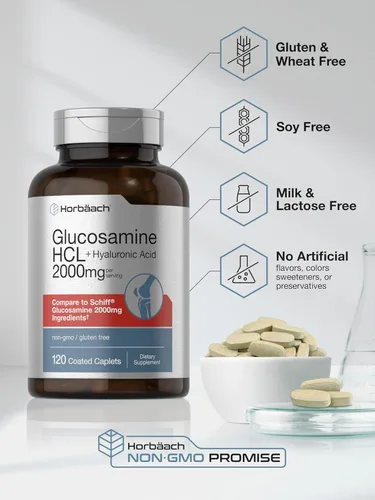 Miniatura 5 de Horbäach Glucosamina HCL con ácido hialurónico 2000 mg 120 comprimidos recubiertos Suplemento sin OMG y sin gluten