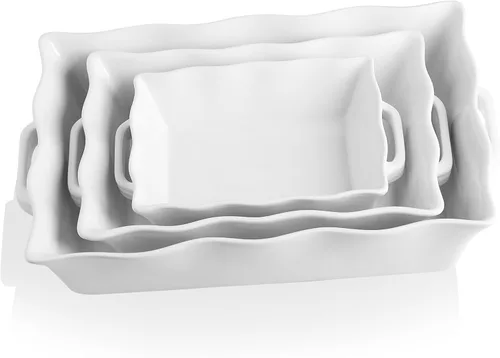 Miniatura 10 de Sweejar - Platos de cacerola para horno, juego de 3 utensilios de cerámica, molde rectangular de hornear con asas, molde para lasaña de borde rojo