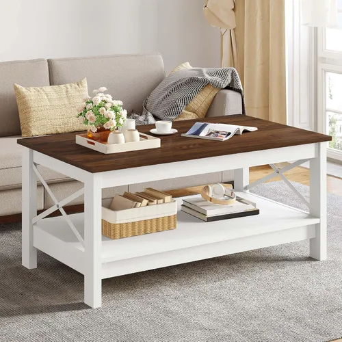 Miniatura 8 de YITAHOME Mesa de centro para sala de estar, mesa de café moderna de estilo granja con almacenamiento, mesa de centro de 2 niveles, mesa de acento
