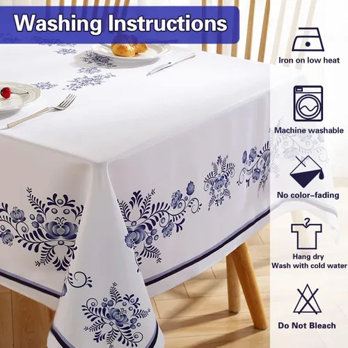 Miniatura 5 de SASTYBALE - Mantel rectangular de porcelana azul y blanca de Navidad de 52 x 70 pulgadas, resistente a derrames y manchas, de poliéster para buffet
