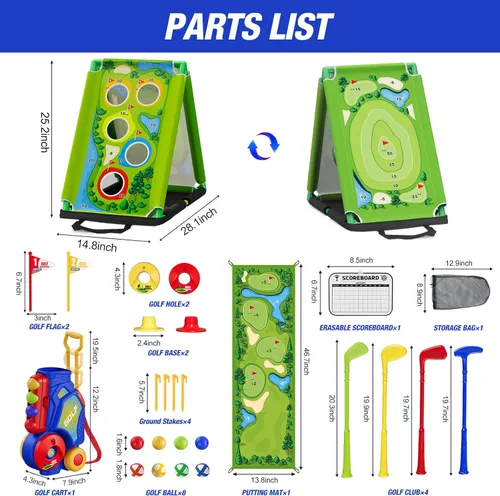 Miniatura 8 de HYES Juego de golf 3 en 1 para niños pequeños con tapete de putting y juego de golf, club de golf para niños con 8 bolas, 4 palos de plástico
