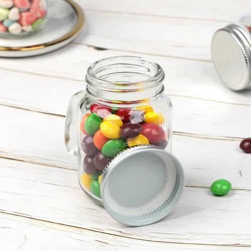 Miniatura 7 de Tazas pequeñas de 4 onzas con asa, paquete de 24 mini tarros de vidrio con tapas de metal herméticas, tazas de vidrio vacías con etiqueta de regalo