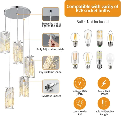 Miniatura 3 de Iluminación colgante de cromo, lámpara colgante moderna, mini candelabros de cristal, lámpara colgante ajustable para cocina, isla, comedor