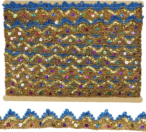Miniatura 9 de Cinta de 14 yardas de ancho, 1.378 in/1.37 pulgadas, color azul y plateado con lentejuelas plateadas, cinta para manualidades y costuras Dorado