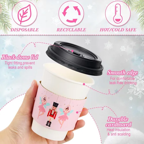 Miniatura 2 de Yungyan Paquete de 50 tazas de café desechables de Navidad de 12 onzas con tapas y mangas, tazas de chocolate caliente de papel, suministros