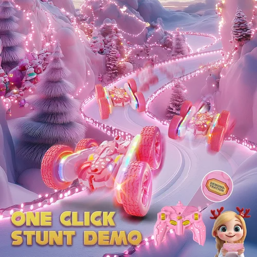 Miniatura 4 de Terucle - Automóvil de control remoto para niñas, autos RC rosas, vehículo de acrobacias RC para niñas, juguetes de doble cara de 360° giratorio