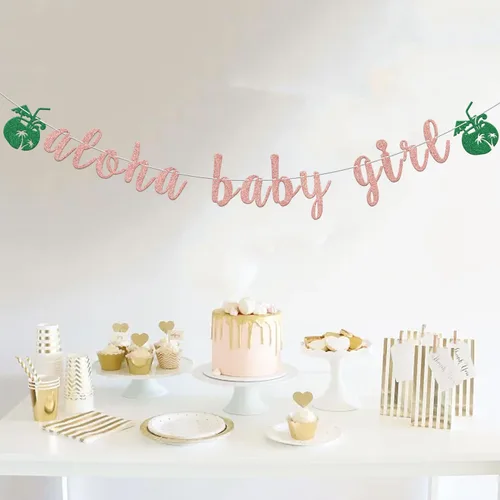 Miniatura 5 de Banner de Aloha con purpurina de oro rosa para bebé, decoración de fiesta de baby shower, temática tropical, decoración de revelación de género
