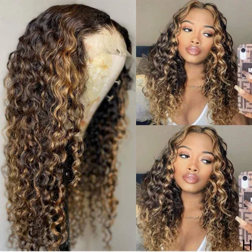 Pelucas de cabello humano rizado de color rubio degradado 1B/27 de densidad del 180% para mujeres negras, pelucas de encaje de cabello humano HD con