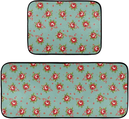 Miniatura 20 de Juego de 2 alfombras y tapetes de cocina retro con diseño de camión rojo con diseño de árbol de corazón, diseño de búfalo rojo, antifatiga