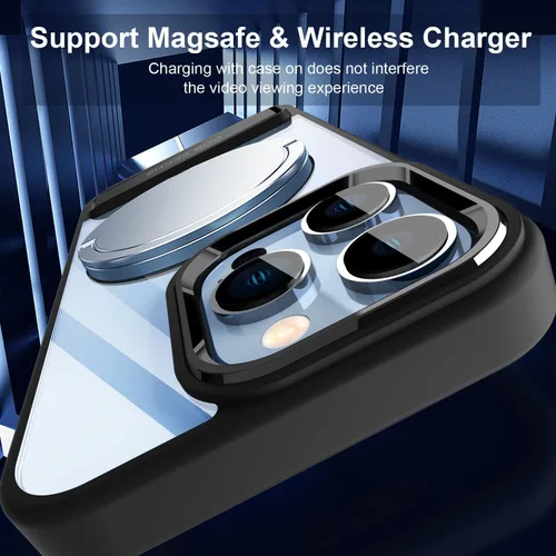 Miniatura 9 de DOB SECHS Magsafe - Funda transparente de metal con función atril compatible con iPhone 13 Pro, botón de aleación de aluminio, soporte de 3 vías