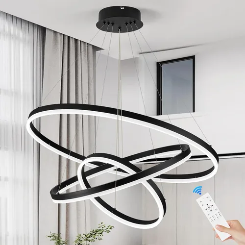 Miniatura 15 de Benkut 5 Anillos D31.5 Lámpara de Araña LED Moderna Negra Grande Regulable Circular para Techo Alto con Control Remoto para Vestíbulo, Comedor, Sala