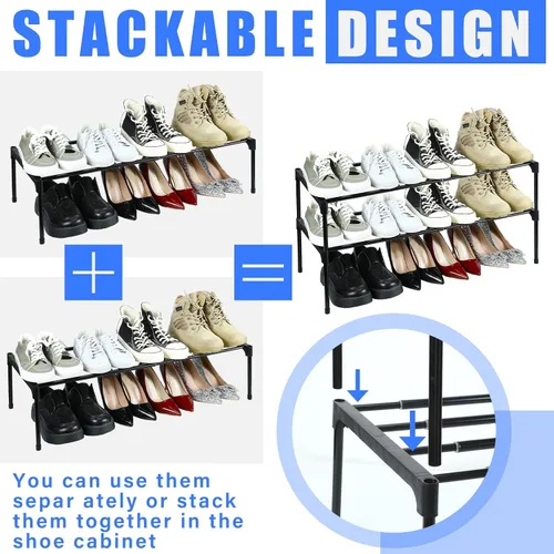 Miniatura 5 de Teenyyou 2 zapateros ampliables de 17 a 30 pulgadas, estante ajustable de metal de 1 nivel, organizador apilable negro para gabinete, entrada