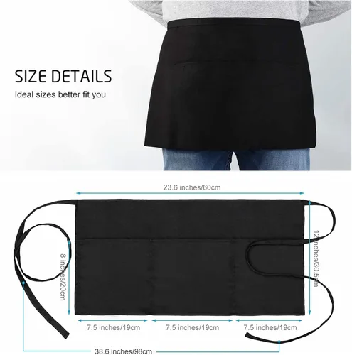 Miniatura 2 de Tosewever Delantales de camarera con 3 bolsillos, delantal de cintura para camarera para mujeres y hombres, restaurante, hogar, negro, medio delantal