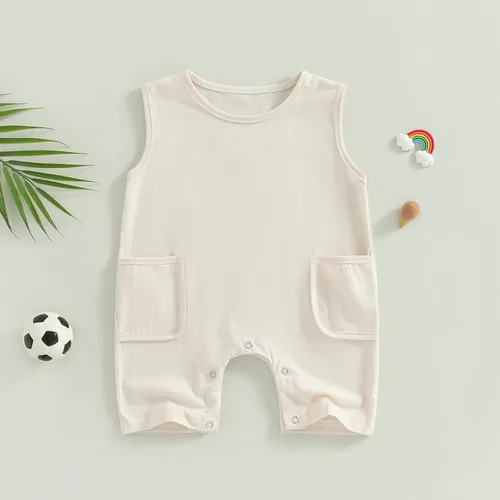 Miniatura 41 de Mameluco unisex de manga corta para bebé recién nacido, con botones, de una pieza, ropa de color sólido