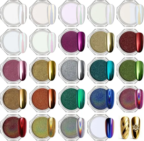 Miniatura 9 de Artdone 16 tarros de polvo de perlas cromadas para uñas plateadas y doradas, espejo iridiscente aurora, pigmento metálico para uñas, pigmento