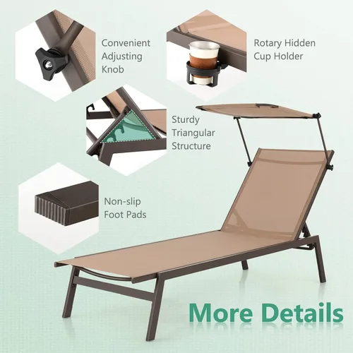 Miniatura 8 de COSTWAY Tumbona para exteriores con sombrilla reclinable ajustable de 6 niveles para patio trasero