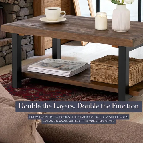 Miniatura 5 de Pomona - Mesa auxiliar rectangular de madera maciza de 42 pulgadas con estante de almacenamiento y patas de metal, mesa rústica industrial para sala