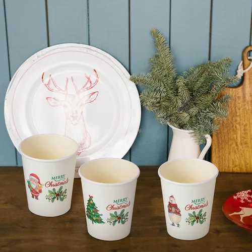 Miniatura 7 de Hotop 120 tazas de Navidad de 9 onzas, árbol de muñeco de nieve de Papá Noel, oso polar, alce, suministros para fiestas, desechables, café, té