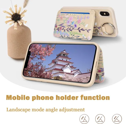 Miniatura 9 de Havaya Funda para iPhone Xs y iPhone X, cartera con tarjetero y llavero, soporte de anillo de piel sintética, diseño floral con ranuras