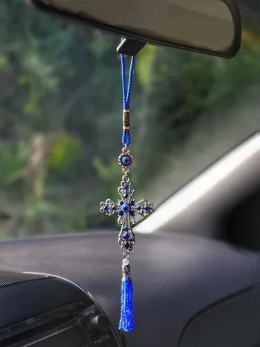 Miniatura 3 de LUCKBOOSTIUM Dije cruzado contra el mal de ojo para coche, adorno colgante de espejo retrovisor, llavero de cristal protector, amuleto de buena Cruz