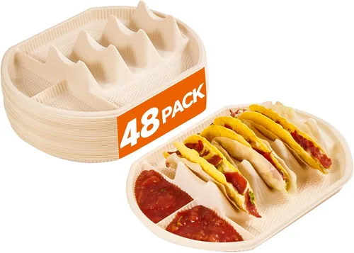 Miniatura 8 de 24 soportes desechables grandes para tacos para fiestas, platos de almidón de maíz, soporte para 3 tacos, 2 áreas de inmersión, bandejas de fiesta