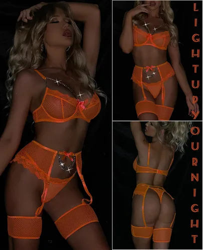 Miniatura 6 de Avidlove Conjunto de liguero para mujer, lencería sexy de malla con aros, 4 piezas, brasier de cadena S-XXL