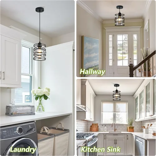 Miniatura 7 de Paquete de 1 lámpara colgante de 6.3 pulgadas en espiral negra para isla de cocina, luz moderna de metal soplado a mano, vidrio sembrado, luz Negro