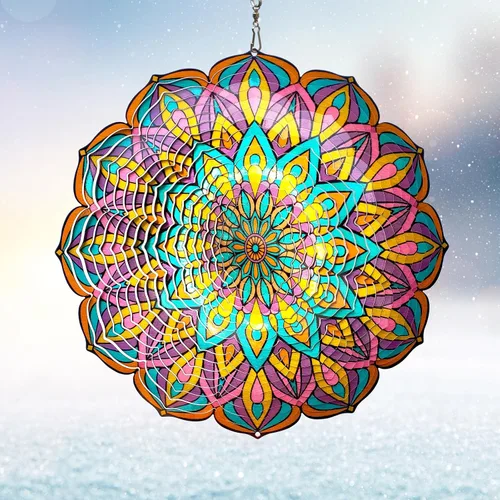 Miniatura 17 de Mandala Blossom Wind Spinner - Molinillos de Viento de Metal Escultura de Viento Colgante Cinética 3D de 12 pulgadas Cortada con Láser