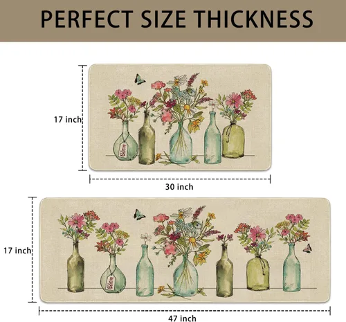 Miniatura 3 de Juego de 2 tapetes y tapetes de cocina con diseño floral de primavera, diseño floral de acuarela para piso, decoración de fregadero de cocina