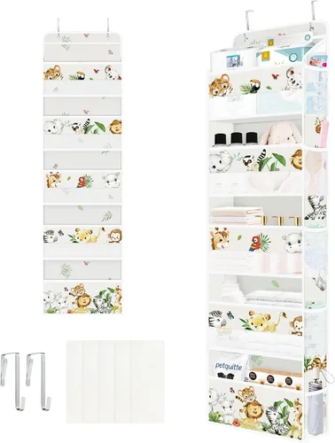 Miniatura 9 de Clastyle Organizador sobre la puerta del alfabeto de animales, diseño de león, mono, 5 estantes, armario, guardería, estantes colgantes, ropa