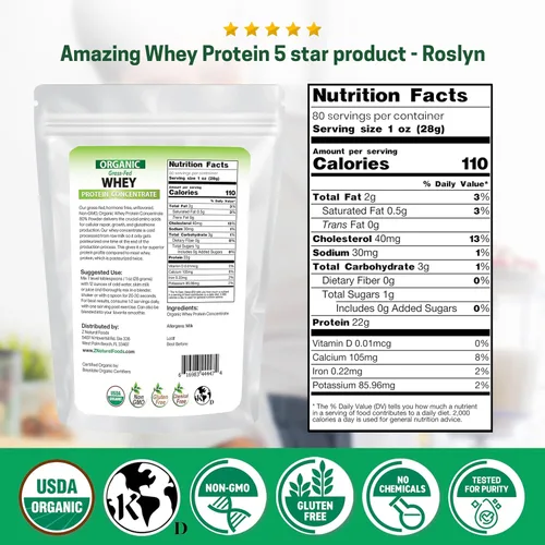 Miniatura 2 de Proteína de suero de leche orgánica en polvo, 5 libras, alimentada con hierba, sin sabor, sin hormonas, sin OMG, sin gluten, proteína premium
