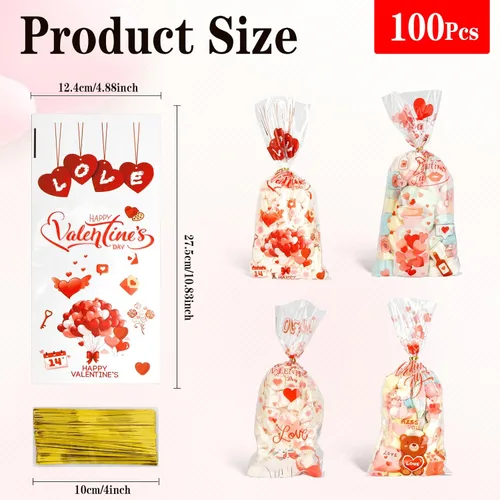 Miniatura 2 de Bolsas de celofán para dulces de San Valentín, 100 piezas de bolsas de dulces de San Valentín, bolsa de regalo de celofán de plástico para galletas