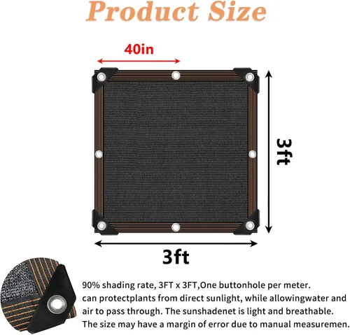 Miniatura 3 de Tela de sombra 90% negra para patio, lona de malla de 3 x 3 pies con ojales, protección solar para jardín, invernadero, pérgola, plantas, gallinero