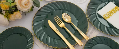 Miniatura 8 de YOUBET 150 platos de plástico verde esmeralda, vajilla desechable verde y dorado que incluye 50 platos, 25 cuchillos, 25 tenedores, 25 cucharas, 25
