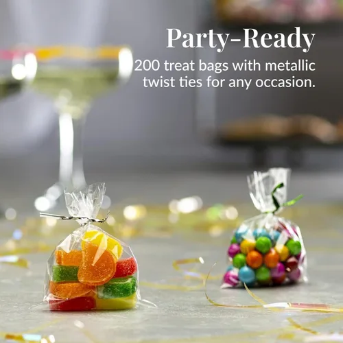 Miniatura 4 de Prestee Paquete de 200 bolsas de regalo de celofán de plástico transparente [3"x4"] con ataduras retorcidas de 4", bolsas de dulces, galletas