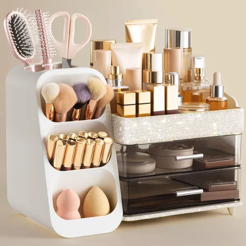 Miniatura 7 de HBlife Organizador de maquillaje con soporte para brochas para tocador, organizador grande de plástico para tocador de baño, almacenamiento