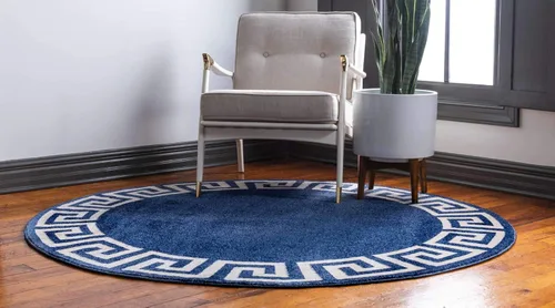 Miniatura 2 de Unique Loom Athens Collection - Alfombra clásica geométrica moderna con diseño de borde (8 pies x 8 pies, redonda, azul marino/beige)