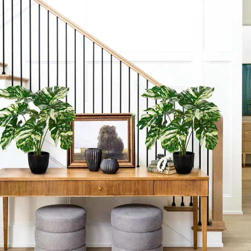 Miniatura 4 de Hollyone Planta artificial Monstera Deliciosa de 17 pulgadas en maceta negra, planta tropical falsa de queso suizo en maceta para interiores