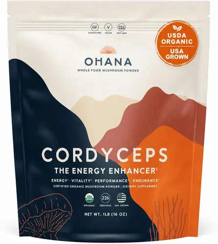 Miniatura 9 de Ohana Cordyceps, mezcla de hongos orgánicos, suplemento orgánico de hongos integrales USDA, sin OMG, sin gluten, botella de 90 cápsulas, paquete de 1