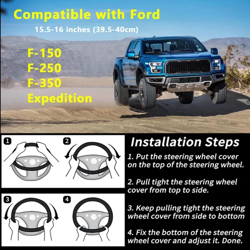 Miniatura 6 de Yangday Funda de cuero para volante para Ford F150 F250 F350, 15.5-16 pulgadas Funda para volante de coche con partícula antideslizante de masaje