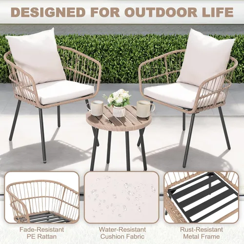 Miniatura 8 de NUU GARDEN Juego de 3 piezas para patio bistró, mesa de mimbre para exteriores y 2 sillas, muebles compactos beige para porche, patio trasero, junto