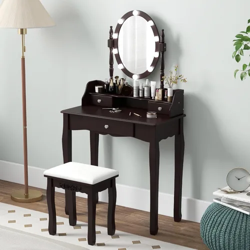 Miniatura 7 de Byroce - Juego de tocador con taburete acolchado, mesa de maquillaje con espejo ovalado iluminado giratorio de 360°, 3 cajones, 10 luces LED