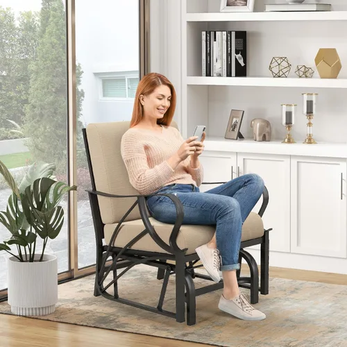 Miniatura 9 de Giantex Mecedora para patio, mecedora para exteriores con cojín grueso, marco de metal rociado, reposabrazos curvado, silla oscilante para jardín