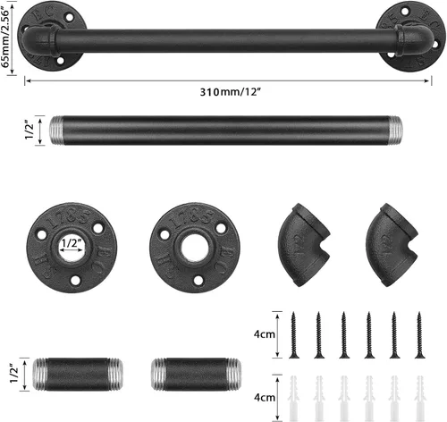 Miniatura 3 de Toallero de Tubo Industrial, Barra de Toalla, Soporte de Toalla Montado en Pared de Granja Rústica para Baño (Negro, 30 cm)