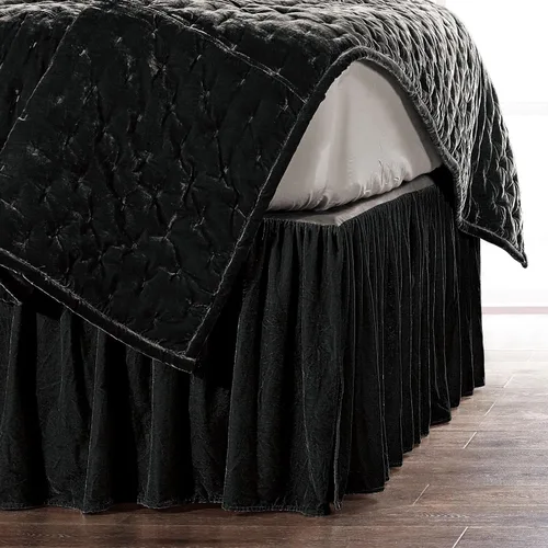 HiEnd Accents Stella - Falda de cama de terciopelo de seda sintética, color negro, tamaño Queen, ropa de cama romántica moderna occidental