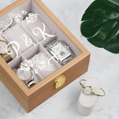 Miniatura 3 de Maverton Caja de reloj de madera para él - Pantalla de reloj personalizada para hombre - Caja rectangular con tapa de vidrio para marido - Soporte