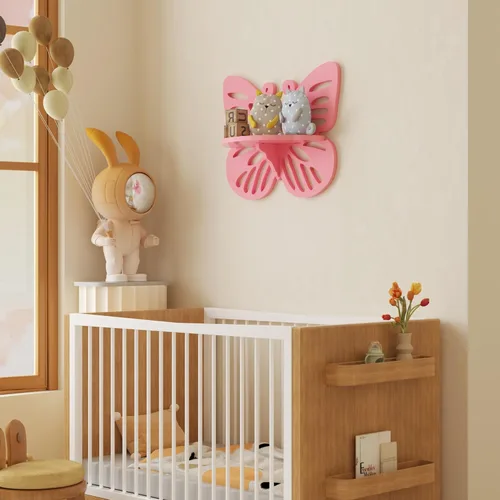 Miniatura 6 de Estante flotante en forma de mariposa rosa para habitación de niña, bonito estante de pared para decoración de guardería, pequeño estante decorativo