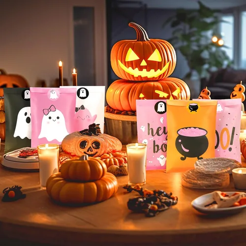 Miniatura 6 de FHzytg 48 bolsas de recuerdo de fiesta de Halloween, bolsas de regalo de dulces fantasmas de Halloween rosas para niñas, decoraciones de cumpleaños