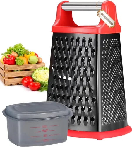 Ourokhome Rallador de queso con asa, rallador de caja de acero inoxidable, triturador de verduras de cocina de 4 lados con recipiente para Couating